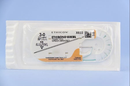 Nonabsorbable Suture with Needle Ethibond Excel® Polyester KS Straight Reverse Cutting Needle Size 3-0 Braided