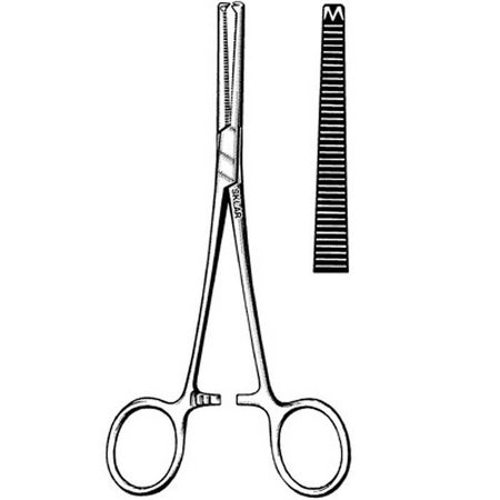 Hemostatic Forceps Sklar® Rochester-Ochsner (Kocher) 5-1/2 Inch Length OR / Surgical Grade German Stainless Steel NonSterile Locking Finger Ring Handle Straight Serrated Tips with 1 X 2 Teeth