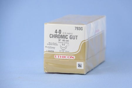 Absorbable Suture with Needle GUT CHROMIC Chromic Gut G-3 3/8 Circle Reverse Cutting Needle Size 4-0 Monofilament
