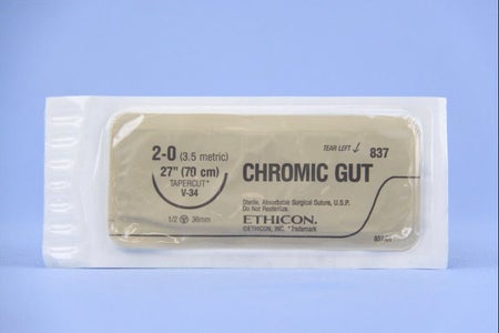 Absorbable Suture with Needle GUT CHROMIC Chromic Gut V-34 1/2 Circle Taper Cutting Needle Size 2-0 Monofilament