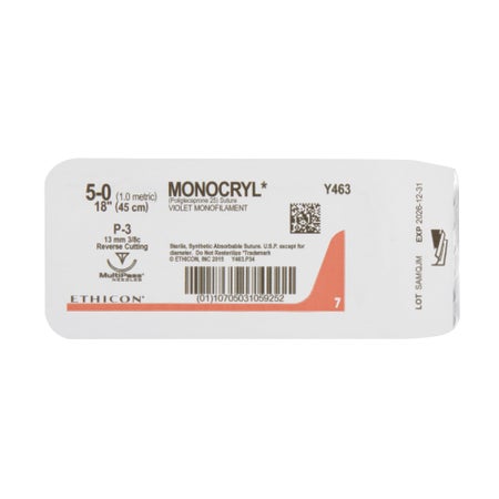 Absorbable Suture with Needle Monocryl™ Poliglecaprone P-3 3/8 Circle Precision Reverse Cutting Needle Size 5-0 Monofilament