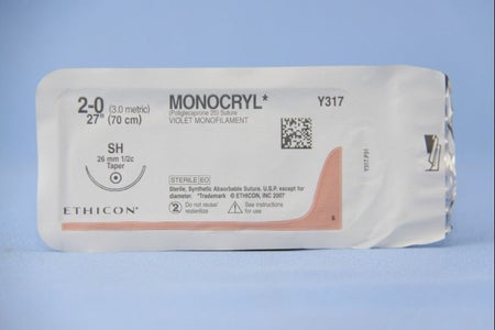 Absorbable Suture with Needle Monocryl™ Poliglecaprone SH 1/2 Circle Taper Point Needle Size 2-0 Monofilament