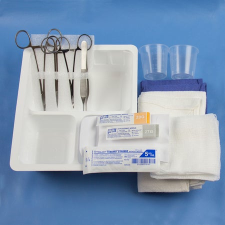 Suture Set Centurion® (1) Tray, 3 Compartment, (2) Medicine Cup, (10) Gauze Sponge 8-Ply 4 X 4 Inch, (1) Instrument Holder, (1) Webster Snag Free Needle Holder 5-3/4 Inch Extra Fine, (1) Iris Scissor 4-1/2 Inch Straight Satin,