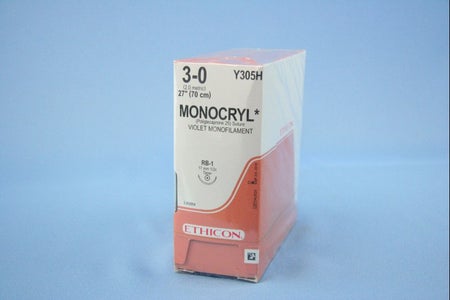 Absorbable Suture with Needle Monocryl™ Poliglecaprone RB-1 1/2 Circle Taper Point Needle Size 3-0 Monofilament