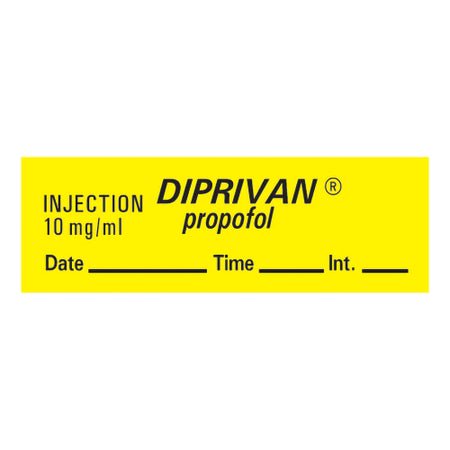 Drug Label Timemed Anesthesia Label Tape Injection 10 mg/mL Diprivan Propofol Yellow 1/2 X 1-1/2 Inch