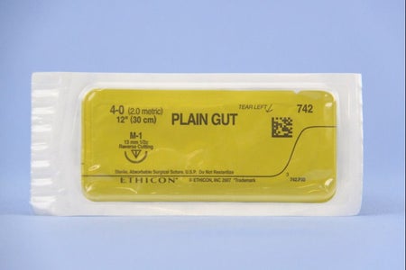 Absorbable Suture with Needle GUT PLAIN Plain Gut M-1 1/2 Circle Reverse Cutting Needle Size 4-0 Monofilament