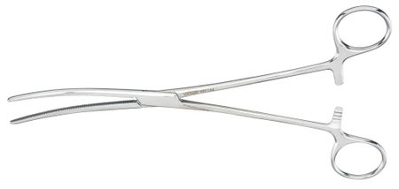 Hemostatic Forceps Vantage® Rochester-Pean 9 Inch Length Floor / Office Grade Pakistani Stainless Steel NonSterile Locking Finger Ring Handle Curved Serrated Tips