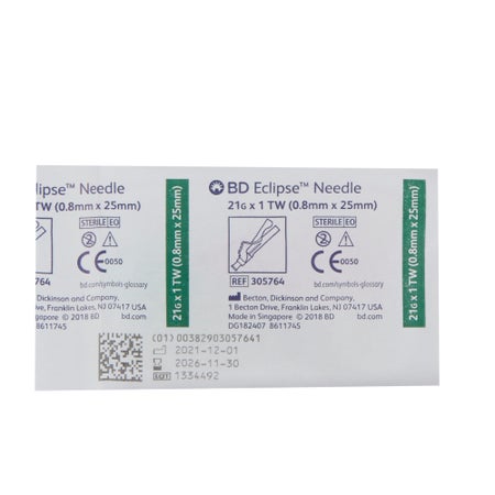 Safety Hypodermic Needle Eclipse™ 1 Inch Length 21 Gauge Thin Wall Hinged Safety Needle