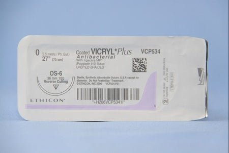 Absorbable Antibacterial Suture with Needle Coated Vicryl™ Plus Polyglactin 910 OS-6 1/2 Circle Reverse Cutting Needle Size 0 Braided