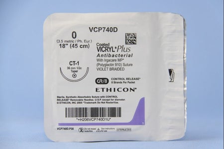 Absorbable Antibacterial Suture with Needle Coated Vicryl™ Plus Polyglactin 910 CT-1 1/2 Circle Taper Point Needle Size 0 Braided