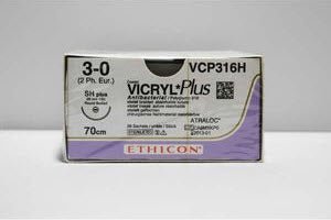Absorbable Antibacterial Suture with Needle Coated Vicryl™ Plus Polyglactin 910 SH 1/2 Circle Taper Point Needle Size 3-0 Braided