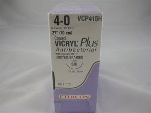 Absorbable Antibacterial Suture with Needle Coated Vicryl™ Plus Polyglactin 910 SH 1/2 Circle Taper Point Needle Size 4-0 Braided