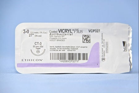 Absorbable Antibacterial Suture with Needle Coated Vicryl™ Plus Polyglactin 910 CT-3 1/2 Circle Taper Point Needle Size 3-0 Braided