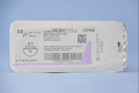 Absorbable Antibacterial Suture with Needle Coated Vicryl™ Plus Polyglactin 910 X-1 1/2 Circle Reverse Cutting Needle Size 3-0 Braided