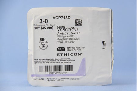 Absorbable Antibacterial Suture with Needle Coated Vicryl™ Plus Polyglactin 910 RB-1 1/2 Circle Taper Point Needle Size 3-0 Braided