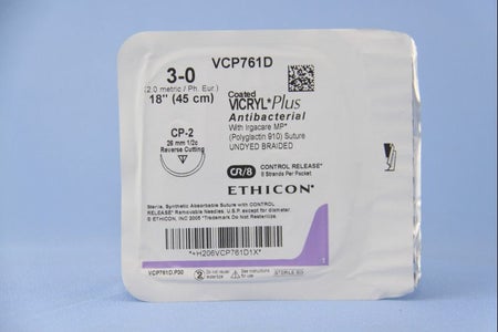 Absorbable Antibacterial Suture with Needle Coated Vicryl™ Plus Polyglactin 910 CP-2 1/2 Circle Reverse Cutting Needle Size 3-0 Braided