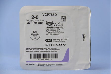 Absorbable Antibacterial Suture with Needle Coated Vicryl™ Plus Polyglactin 910 SH 1/2 Circle Taper Point Needle Size 2-0 Braided