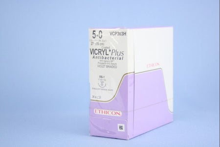 Absorbable Antibacterial Suture with Needle Coated Vicryl™ Plus Polyglactin 910 RB-1 1/2 Circle Taper Point Needle Size 5-0 Braided