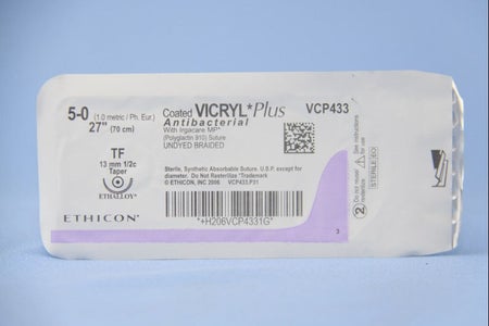 Absorbable Antibacterial Suture with Needle Coated Vicryl™ Plus Polyglactin 910 TF 1/2 Circle Taper Point Needle Size 5-0 Braided