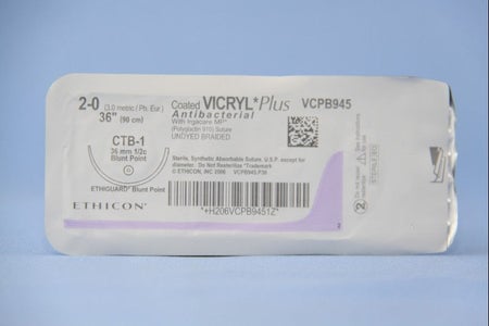 Absorbable Antibacterial Suture with Needle Coated Vicryl™ Plus Polyglactin 910 CTB-1 1/2 Circle Blunt Point Needle Size 2-0 Braided