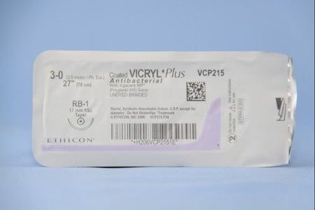 Absorbable Antibacterial Suture with Needle Coated Vicryl™ Plus Polyglactin 910 RB-1 1/2 Circle Taper Point Needle Size 3-0 Braided