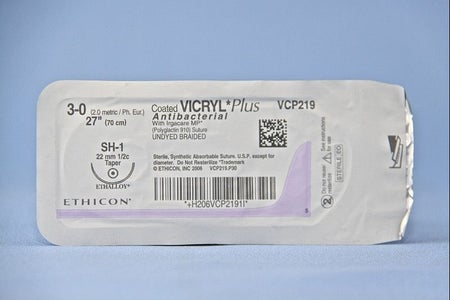 Absorbable Antibacterial Suture with Needle Coated Vicryl™ Plus Polyglactin 910 SH-1 1/2 Circle Taper Point Needle Size 3-0 Braided