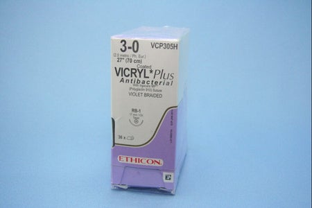 Absorbable Antibacterial Suture with Needle Coated Vicryl™ Plus Polyglactin 910 RB-1 1/2 Circle Taper Point Needle Size 3-0 Braided