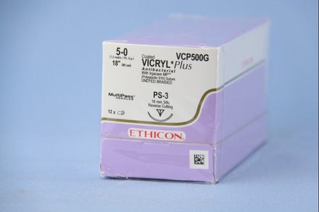 Absorbable Antibacterial Suture with Needle Coated Vicryl™ Plus Polyglactin 910 PS-3 3/8 Circle Reverse Cutting Needle Size 5-0 Braided