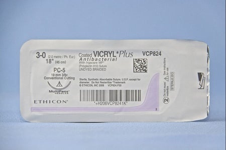 Absorbable Antibacterial Suture with Needle Coated Vicryl™ Plus Polyglactin 910 PC-5 3/8 Circle Precision Conventional Cutting Needle Size 3-0 Braided