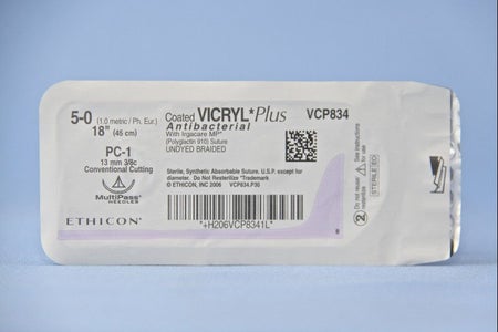 Absorbable Antibacterial Suture with Needle Coated Vicryl™ Plus Polyglactin 910 PC-1 3/8 Circle Precision Conventional Cutting Needle Size 5-0 Braided