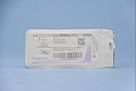 Absorbable Antibacterial Suture with Needle Coated Vicryl™ Plus Polyglactin 910 PC-1 3/8 Circle Precision Conventional Cutting Needle Size 4-0 Braided