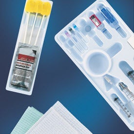 Universal Block Tray <UL><LI>Needle, 18 G X 1-1/2 Inch<BR><LI>Needle, 25 G X 1-1/2 Inch<BR><LI> Needle, 27 G X 1-1/4 Inch <BR><LI>Gauze Pad, 3 X 3 Inch<BR><LI>Syringe, 3 mL, Plastic, Luer Lock<BR><LI>Syringe, 5 mL, Plastic, Luer Lock<BR><LI>Syringe, 10 mL, Plastic, Luer Lock<BR><LI>Towel, 17 X 19 Inch, White<BR><LI>Lidocaine HCL Injection<BR><LI>Drape, 24 X 32 Inch, Clear, 4 Inch Round Fenestrated<BR><LI>Prep Tray<BR><LI>Needle Stick Pad<BR><LI>Povidone Iodine 10%, 3/4 oz.<BR><LI>Sodium Chloride Injection<BR><LI>Procedural Tray, Styrene<BR><LI>Syringe Labels<BR><LI>Prep Stick<BR><LI> Extension Line, 6 Inch, Minibore<BR></UL> Drugs