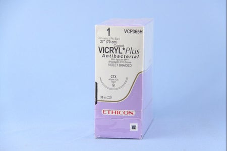 Absorbable Antibacterial Suture with Needle Coated Vicryl™ Plus Polyglactin 910 CTX 1/2 Circle Taper Point Needle Size 1 Braided