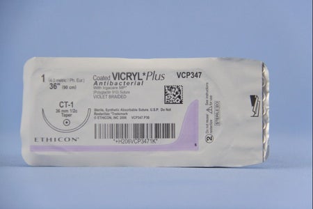 Absorbable Antibacterial Suture with Needle Coated Vicryl™ Plus Polyglactin 910 CT-1 1/2 Circle Taper Point Needle Size 1 Braided