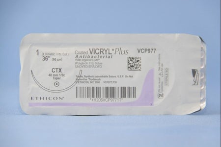 Absorbable Antibacterial Suture with Needle Coated Vicryl™ Plus Polyglactin 910 CTX 1/2 Circle Taper Point Needle Size 1 Braided