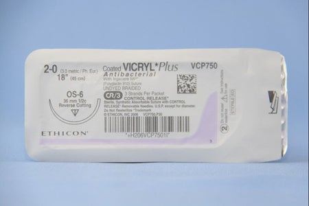 Absorbable Antibacterial Suture with Needle Coated Vicryl™ Plus Polyglactin 910 OS-6 1/2 Circle Reverse Cutting Needle Size 2-0 Braided