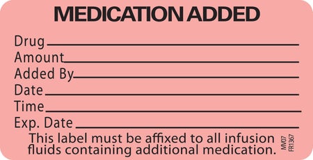 Pre-Printed Label Barkley® Auxiliary Label Fluorescent Red Paper MEDICATION ADDED NAME____ ROOM NO.__ DATE__ Amount_Added by_Date_Time_Exp Date_ Black Medication Instruction 2-1/2 X 2-15/16 Inch