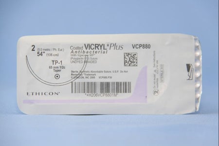 Absorbable Antibacterial Suture with Needle Coated Vicryl™ Plus Polyglactin 910 TP-1 1/2 Circle Taper Point Needle Size 2 Braided