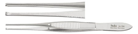 Iris Forceps Miltex® 4 Inch Length OR / Surgical Grade NonMagnetic German Stainless Steel NonSterile NonLocking Thumb Handle Straight Serrated Tips with 1 X 2 Teeth
