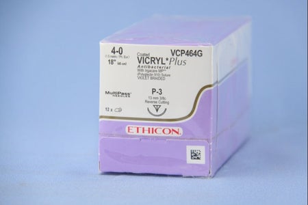 Absorbable Antibacterial Suture with Needle Coated Vicryl™ Plus Polyglactin 910 P-3 3/8 Circle Precision Reverse Cutting Needle Size 4-0 Braided