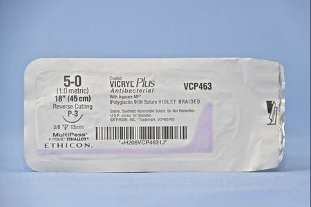 Absorbable Antibacterial Suture with Needle Coated Vicryl™ Plus Polyglactin 910 P-3 3/8 Circle Precision Reverse Cutting Needle Size 5-0 Braided