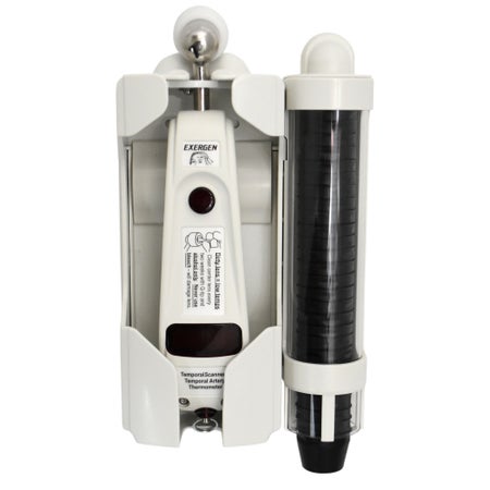 Keyless Locking Wall Mount Exergen® Holder plus integrated cap dispenser shown with caps For TAT-5000 Temporal Thermometer and Caps