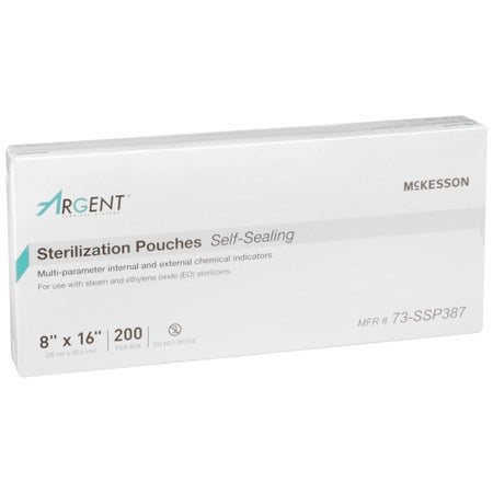 Sterilization Pouch McKesson Argent™ Sure-Check® Ethylene Oxide (EO) Gas / Steam 8 X 16 Inch White Self Seal Paper / Film