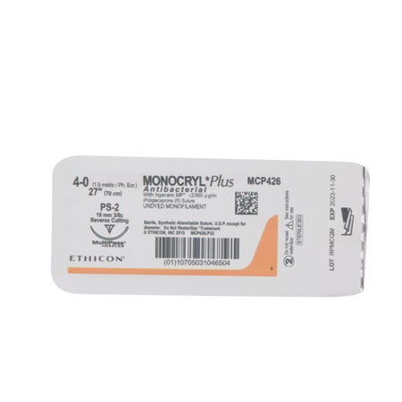 Absorbable Antibacterial Suture with Needle Monocryl™ Plus Poliglecaprone 25 with Irgacare MP Antibacterial Suture PS-2 3/8 Circle Precision Reverse Cutting Needle Size 4-0 Monofilament