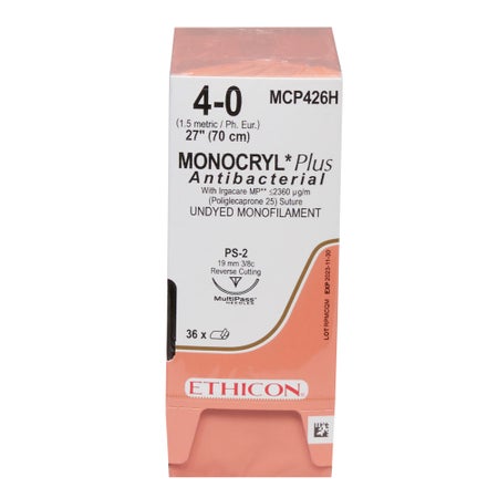 Absorbable Antibacterial Suture with Needle Monocryl™ Plus Poliglecaprone 25 with Irgacare MP Antibacterial Suture PS-2 3/8 Circle Precision Reverse Cutting Needle Size 4-0 Monofilament