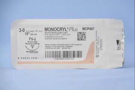 Absorbable Antibacterial Suture with Needle Monocryl™ Plus Poliglecaprone 25 with Irgacare MP Antibacterial Suture PS-2 3/8 Circle Precision Reverse Cutting Needle Size 3-0 Monofilament