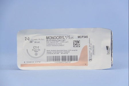 Absorbable Antibacterial Suture with Needle Monocryl™ Plus Poliglecaprone 25 with Irgacare MP Antibacterial Suture CT-1 1/2 Circle Taper Point Needle Size 2-0 Monofilament