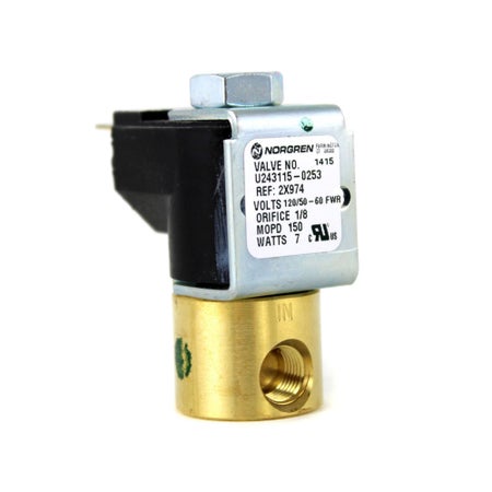 Air Valve Solenoid 120 VAC / 60 Hz, 1/8 FPT, Piston Style Valve, Brass Body, Viton Seats, 2 Way N.C High Temperature Coil For Ritter M9, M11, M9D, M11D Autoclaves and Sterilizers