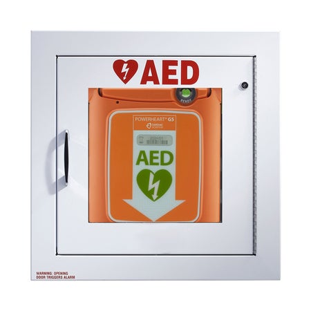 Wall Mount Cabinet White, See Through Door, With Alarm, Strobe, Security Enabled AED