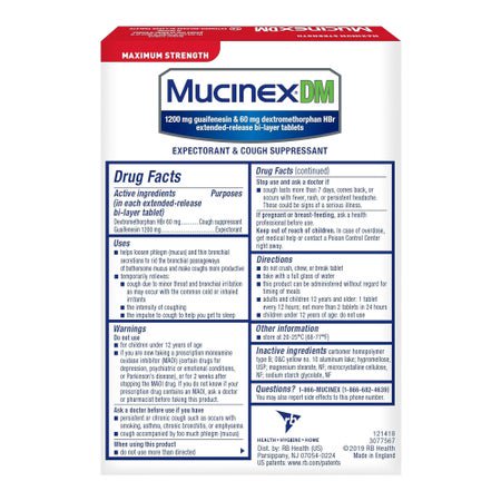 Cold and Cough Relief Mucinex® DM 1,200 mg - 60 mg Strength Tablet 14 per Box